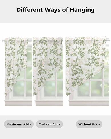 Sage Green Leaves Swag Curtains 36 Inch Length 2 Panels Set,Short Semi-Sheer Curtain Drapes Rod Pocket Valance Drapery for Kitchen,Bathroom Window Wildflower Herbs Floral Spring Summer 56" Wx36 L in Saudi Arabia