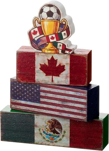 Xuhal 4 Pcs Soccer Wooden Tabletop Decor Soccer Tiered Tray Decorations Rustic Sport Wood Block Sign Farmhouse USA Canada Mexico Flag Table Centerpiece for Watch Party Room Home Office Shelf in Saudi Arabia