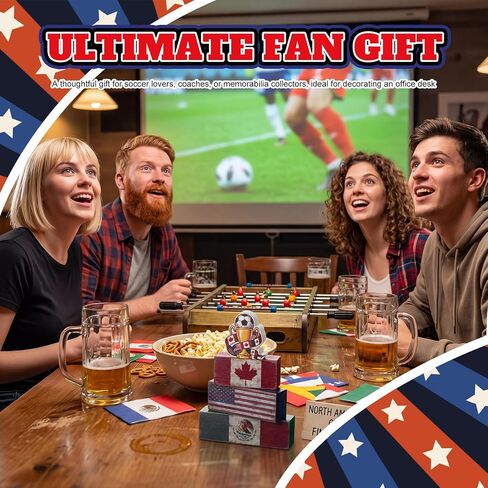 Xuhal 4 Pcs Soccer Wooden Tabletop Decor Soccer Tiered Tray Decorations Rustic Sport Wood Block Sign Farmhouse USA Canada Mexico Flag Table Centerpiece for Watch Party Room Home Office Shelf in Saudi Arabia