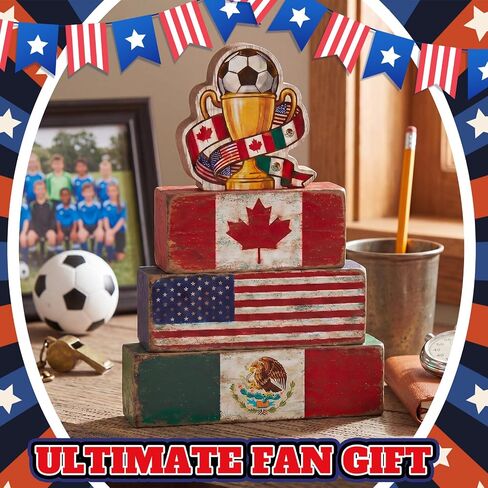 Xuhal 4 Pcs Soccer Wooden Tabletop Decor Soccer Tiered Tray Decorations Rustic Sport Wood Block Sign Farmhouse USA Canada Mexico Flag Table Centerpiece for Watch Party Room Home Office Shelf in Saudi Arabia