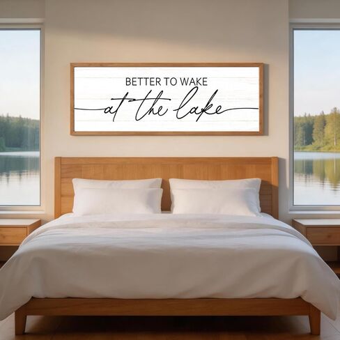 Better To Wake At The Lake Wall Decor, 40x15 Inch Framed Lakeside Quote Sign Lake Cabin Decor, Farmhouse Lakehouse Gift Ideas for Beach House Cottage Bedroom Home (Natural) in Saudi Arabia
