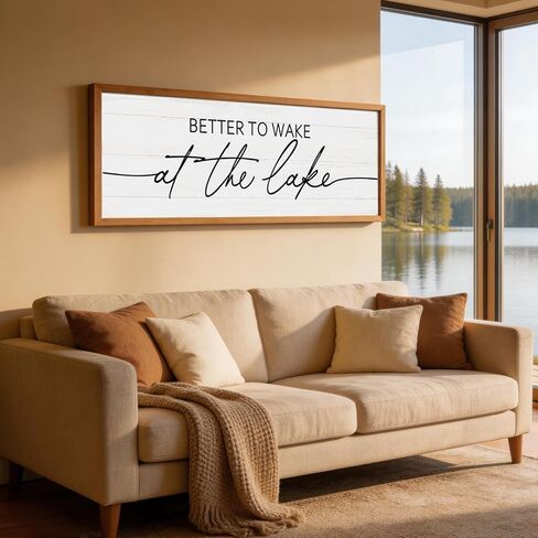 Better To Wake At The Lake Wall Decor, 40x15 Inch Framed Lakeside Quote Sign Lake Cabin Decor, Farmhouse Lakehouse Gift Ideas for Beach House Cottage Bedroom Home (Natural) in Saudi Arabia