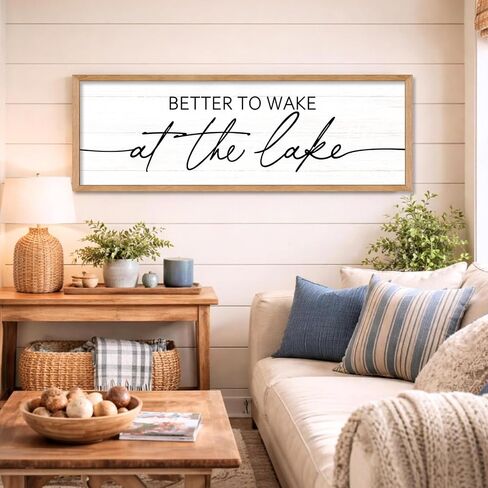 Better To Wake At The Lake Wall Decor, 40x15 Inch Framed Lakeside Quote Sign Lake Cabin Decor, Farmhouse Lakehouse Gift Ideas for Beach House Cottage Bedroom Home (Natural) in Saudi Arabia