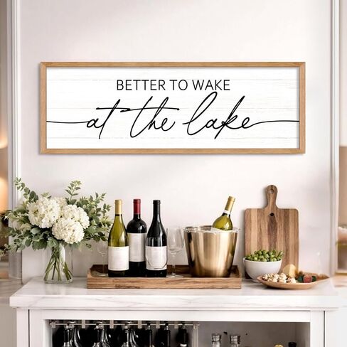 Better To Wake At The Lake Wall Decor, 40x15 Inch Framed Lakeside Quote Sign Lake Cabin Decor, Farmhouse Lakehouse Gift Ideas for Beach House Cottage Bedroom Home (Natural) in Saudi Arabia