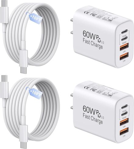 60W USB C Charger ، 2Pack 10ft iPhone 16 Pro Max Charger Fast Charging ، 4Port USB-A USB-C كتلة شحن سريعة مع سلك كابل USBC 10 قدمًا لـ Apple iPhone 16 Pro/16e/15Pro Max/15Plus/16/15/iPad ، AirPods in Kuwait