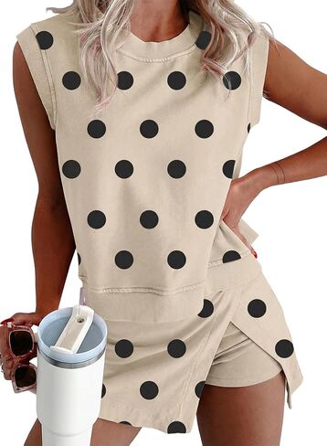 KevaMolly Women Polka Dot Sleeveless 2 Piece Lounge Set | Ribbed Trim Tank, Split Mini Skort, Casual Daily Matching Loungewear in Saudi Arabia