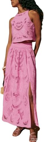 Womens Summer Sets 2 Piece Outfits Tank Top and Maxi Skirt Embroidered Suit Elegant in Saudi Arabia