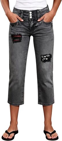 Flamingals Straight Leg High Rise Capri Jeans for Women Wash Star Embroidered Ripped Casual Denim Jeans with Patched Pockets in Kuwait