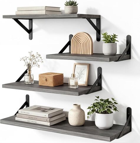 YGEOMER Floating Shelves for Wall, Different Sizes Dark Carbonized Brown Wall Shelves for Living Room, Bathroom, Bedroom, Kitchen, Home Decor (Set of 4) in Kuwait
