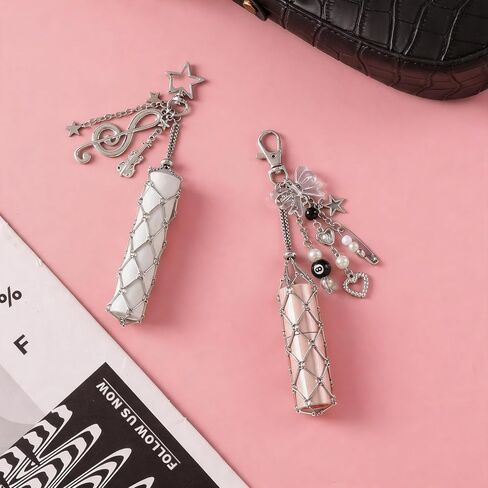 Y2K Stainless Steel Mesh Lip Balm Keychain - Lipstick Holder Case Bag Charms Accessories for Women Keys Bags Purses in Saudi Arabia
