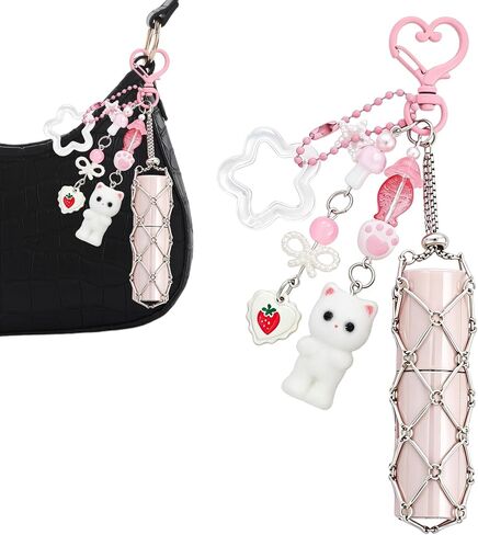 Y2K Stainless Steel Mesh Lip Balm Keychain - Lipstick Holder Case Bag Charms Accessories for Women Keys Bags Purses in Saudi Arabia