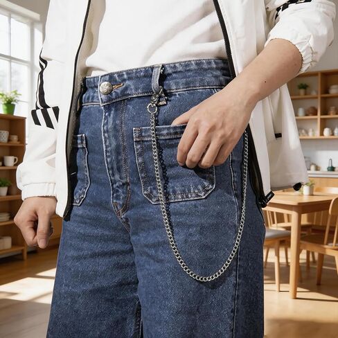 Silver Chain for Men, 24 Inch Heavy Duty Wallet Chains for Men with 2 Key Rings, Anti-Lost Pants Chain for Jeans, Pockets, and Keys in Saudi Arabia
