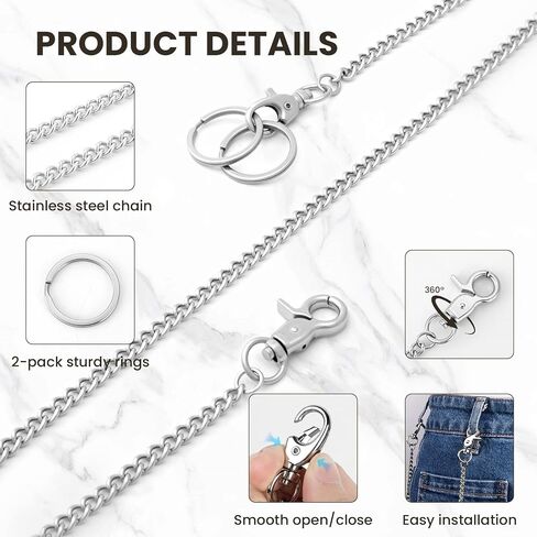 Silver Chain for Men, 24 Inch Heavy Duty Wallet Chains for Men with 2 Key Rings, Anti-Lost Pants Chain for Jeans, Pockets, and Keys in Saudi Arabia
