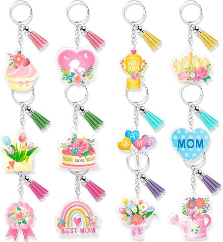 HOWAF Mother's Day Acrylic Keychain Set - 12 Pcs Mom Themed Keychains with Colorful Tassels, Best Mom Floral Cake Heart Design Gift Set for Women, Bag Backpack Charms for Mom from Daughter Son in Saudi Arabia
