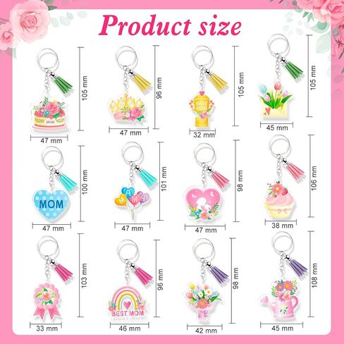 HOWAF Mother's Day Acrylic Keychain Set - 12 Pcs Mom Themed Keychains with Colorful Tassels, Best Mom Floral Cake Heart Design Gift Set for Women, Bag Backpack Charms for Mom from Daughter Son in Saudi Arabia