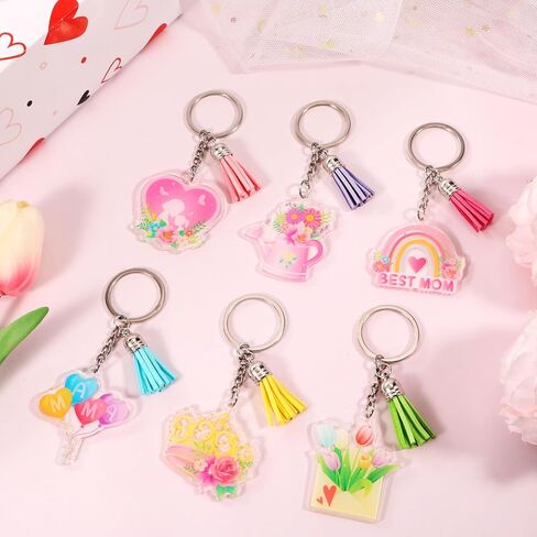 HOWAF Mother's Day Acrylic Keychain Set - 12 Pcs Mom Themed Keychains with Colorful Tassels, Best Mom Floral Cake Heart Design Gift Set for Women, Bag Backpack Charms for Mom from Daughter Son in Saudi Arabia