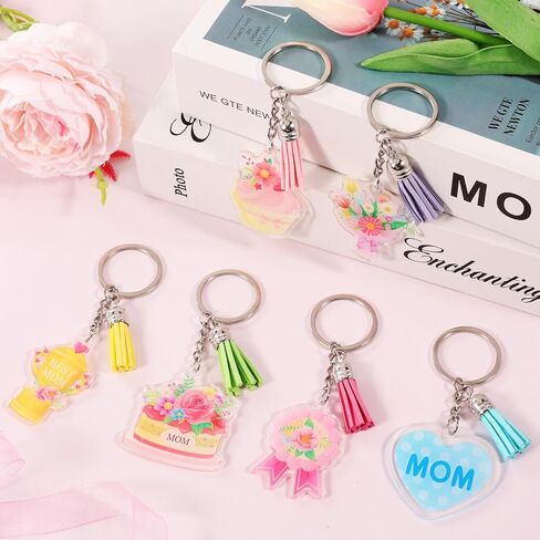HOWAF Mother's Day Acrylic Keychain Set - 12 Pcs Mom Themed Keychains with Colorful Tassels, Best Mom Floral Cake Heart Design Gift Set for Women, Bag Backpack Charms for Mom from Daughter Son in Saudi Arabia