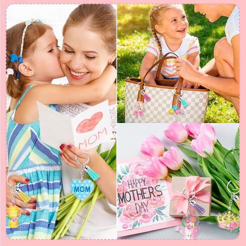 HOWAF Mother's Day Acrylic Keychain Set - 12 Pcs Mom Themed Keychains with Colorful Tassels, Best Mom Floral Cake Heart Design Gift Set for Women, Bag Backpack Charms for Mom from Daughter Son in Saudi Arabia