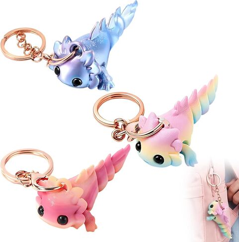 3 PCS Axolotl Keychain, 3D Printed Axolotl Keychain, Cute Salamander Keyring with Candy, Gradient, Pink Blue Colors, Unique Decoration for Animal Lovers in Saudi Arabia