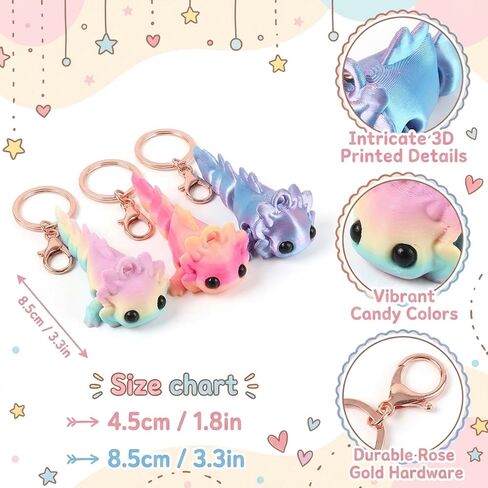 3 PCS Axolotl Keychain, 3D Printed Axolotl Keychain, Cute Salamander Keyring with Candy, Gradient, Pink Blue Colors, Unique Decoration for Animal Lovers in Saudi Arabia