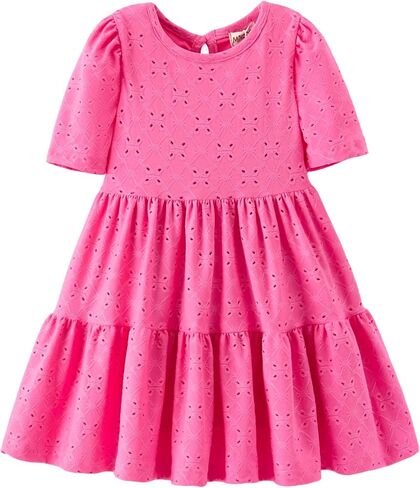 Girls’ Eyelet Lined Dress, Puff Sleeve Tiered Summer Dress, Soft Stretch Fabric, Multi Colors, Ages 1-10 in Saudi Arabia