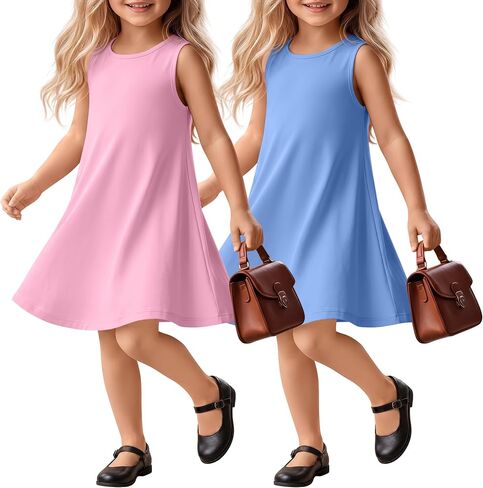 2 Pack Toddler Girls' Sleeveless Tank Dress Crew Neck Knit Summer Beach Dresses A Line Midi Sundress for Baby Girls in Kuwait