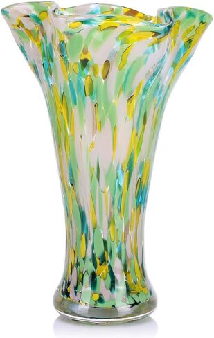 9.1H Murano Hand Blown Glass Vase, Ruffled Scalloped Rim Trumpet Shape, Wide Mouth Colorful Decorative Glass Vase, Sculptural Art Centerpiece for Living Room Table, Bathroom, Office Shelf (Red-Pink) in Saudi Arabia