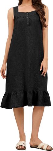 100% Linen Dress V Neck Pleated Button Front Sleeveless Wide Strap Summer Casual Ruffle Midi Summer Dresses in Saudi Arabia