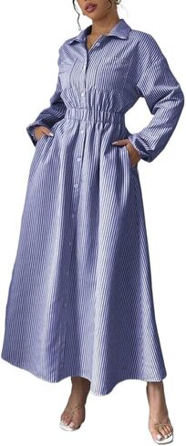 Womens Casual Loose Flared Shirt Dress with Pocket Striped Maxi Dress for Spring and Fall in Kuwait