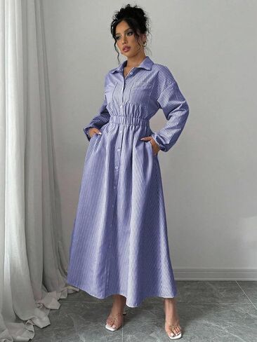 Womens Casual Loose Flared Shirt Dress with Pocket Striped Maxi Dress for Spring and Fall in Kuwait