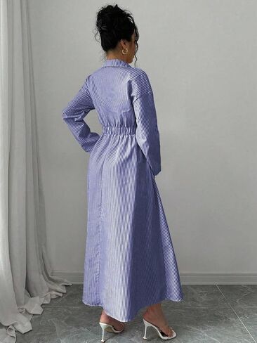 Womens Casual Loose Flared Shirt Dress with Pocket Striped Maxi Dress for Spring and Fall in Kuwait