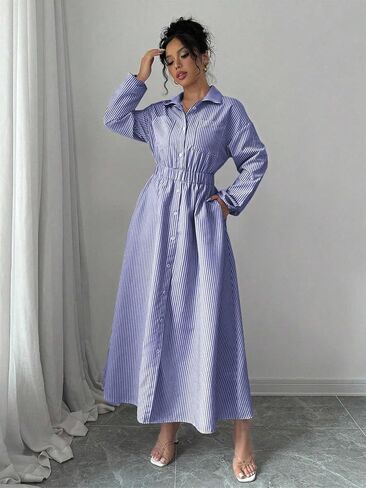 Womens Casual Loose Flared Shirt Dress with Pocket Striped Maxi Dress for Spring and Fall in Kuwait