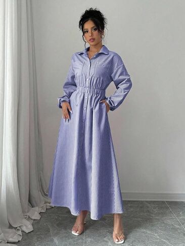 Womens Casual Loose Flared Shirt Dress with Pocket Striped Maxi Dress for Spring and Fall in Kuwait