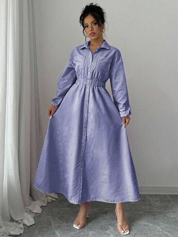 Womens Casual Loose Flared Shirt Dress with Pocket Striped Maxi Dress for Spring and Fall in Kuwait