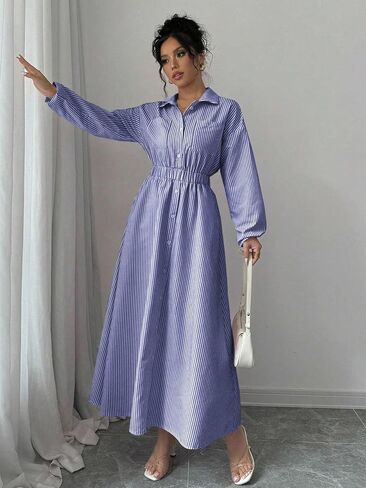 Womens Casual Loose Flared Shirt Dress with Pocket Striped Maxi Dress for Spring and Fall in Kuwait