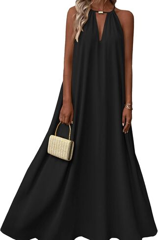 Summer Dresses for Women 2026 Casual Sleeveless V Neck Halter Maxi Vacation Beach Sundress Flowy Black Dress in Saudi Arabia