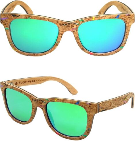 EDGEIWEAR Real Natural Corkwood Frame Polarized Sunglasses Eco Friendly With Color Mirror Lens Bamboo Case included WDES02-P1GNRV(gnrv) in Saudi Arabia
