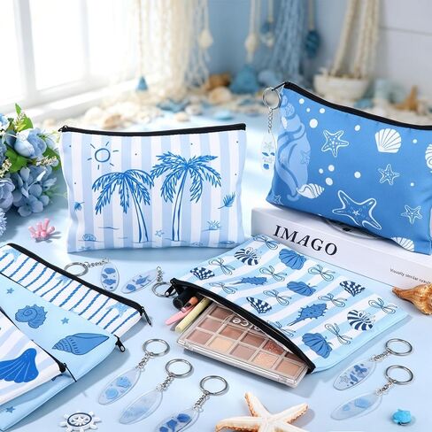 24 Pcs Ocean Themed Cosmetic Bags Bulk Gifts Include Blue Coastal Canvas Zipper Makeup Bags Ocean Keychain Starfish Seashell Portable Travel Toiletry Pouches for Girl Summer Beach Birthday Supplies in Saudi Arabia