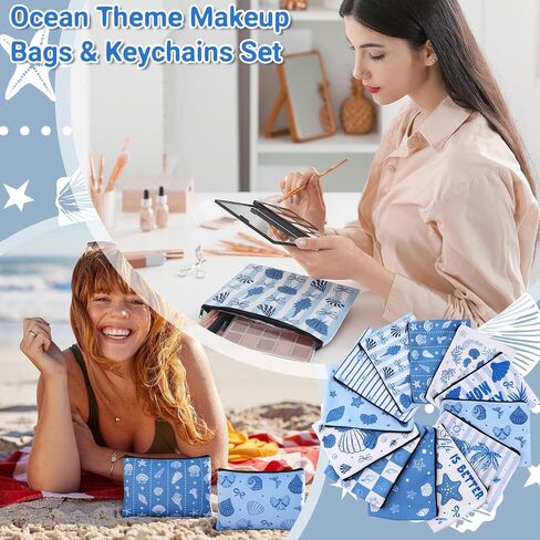 24 Pcs Ocean Themed Cosmetic Bags Bulk Gifts Include Blue Coastal Canvas Zipper Makeup Bags Ocean Keychain Starfish Seashell Portable Travel Toiletry Pouches for Girl Summer Beach Birthday Supplies in Saudi Arabia
