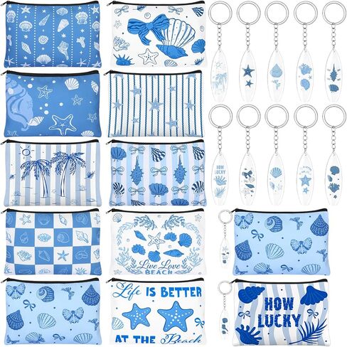 24 Pcs Ocean Themed Cosmetic Bags Bulk Gifts Include Blue Coastal Canvas Zipper Makeup Bags Ocean Keychain Starfish Seashell Portable Travel Toiletry Pouches for Girl Summer Beach Birthday Supplies in Saudi Arabia