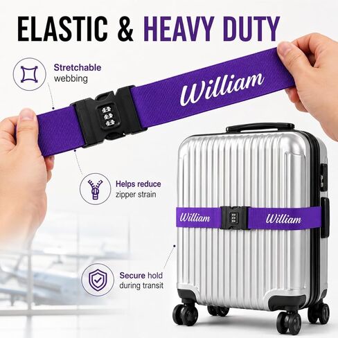 Personalized Luggage Strap with Combination Lock,4 Pcs Custom Embroidered Name Suitcase Belt, Heavy Duty Adjustable Travel Strap for Luggage Security and Easy Identification, Lockable Bag Belt in Kuwait