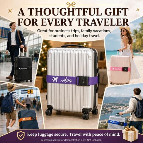 Personalized Luggage Strap with Combination Lock,4 Pcs Custom Embroidered Name Suitcase Belt, Heavy Duty Adjustable Travel Strap for Luggage Security and Easy Identification, Lockable Bag Belt in Kuwait
