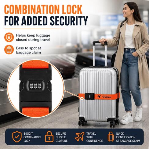 Personalized Luggage Strap with Combination Lock,4 Pcs Custom Embroidered Name Suitcase Belt, Heavy Duty Adjustable Travel Strap for Luggage Security and Easy Identification, Lockable Bag Belt in Kuwait