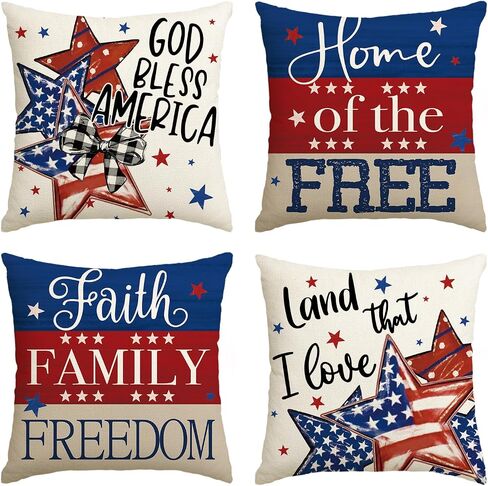 AVOIN colorlife God Bless America Stars Land that I Love Throw Pillow Covers, 18 x 18 Inch Faith Family Freedom Patriotic Independence Day Memorial Day USA Flag Cushion Case Decorations Set of 4 in Saudi Arabia