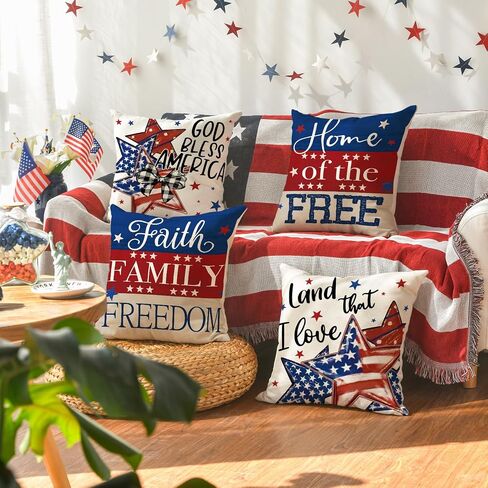 AVOIN colorlife God Bless America Stars Land that I Love Throw Pillow Covers, 18 x 18 Inch Faith Family Freedom Patriotic Independence Day Memorial Day USA Flag Cushion Case Decorations Set of 4 in Saudi Arabia