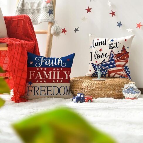 AVOIN colorlife God Bless America Stars Land that I Love Throw Pillow Covers, 18 x 18 Inch Faith Family Freedom Patriotic Independence Day Memorial Day USA Flag Cushion Case Decorations Set of 4 in Saudi Arabia