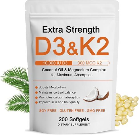 D3 K2 Vitamin 10000 IU Supplements, D3 & K2 Magnesium Complex Softgels, D3 + K2 (Mk-7) | Extra Strength Support Bone & Immune | Improve Energy | Non-GMO, 200 Softgels (1) (1) in Saudi Arabia