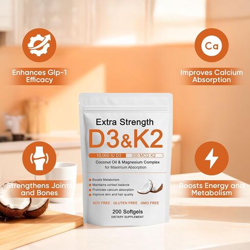 D3 K2 Vitamin 10000 IU Supplements, D3 & K2 Magnesium Complex Softgels, D3 + K2 (Mk-7) | Extra Strength Support Bone & Immune | Improve Energy | Non-GMO, 200 Softgels (1) (1) in Saudi Arabia