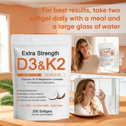 D3 K2 Vitamin 10000 IU Supplements, D3 & K2 Magnesium Complex Softgels, D3 + K2 (Mk-7) | Extra Strength Support Bone & Immune | Improve Energy | Non-GMO, 200 Softgels (1) (1) in Saudi Arabia