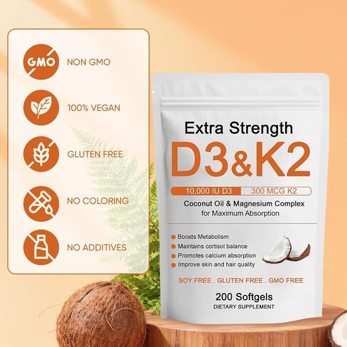 D3 K2 Vitamin 10000 IU Supplements, D3 & K2 Magnesium Complex Softgels, D3 + K2 (Mk-7) | Extra Strength Support Bone & Immune | Improve Energy | Non-GMO, 200 Softgels (1) (1) in Saudi Arabia